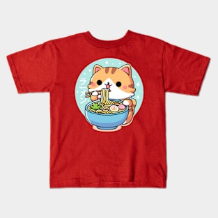 Cute Cat Eating Ramen Noodles Kawaii Kids T-Shirt